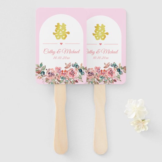 ピンク色の白フローラ中国のア結婚チ ハンドファン (正面&裏面)