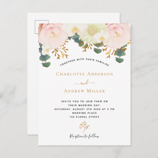 ピンク色の白フローラ金ゴールド結婚の緑 ポストカード (正面/裏面)