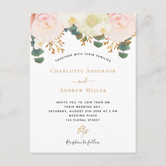 ピンク色の白フローラ金ゴールド結婚の緑 ポストカード (正面)