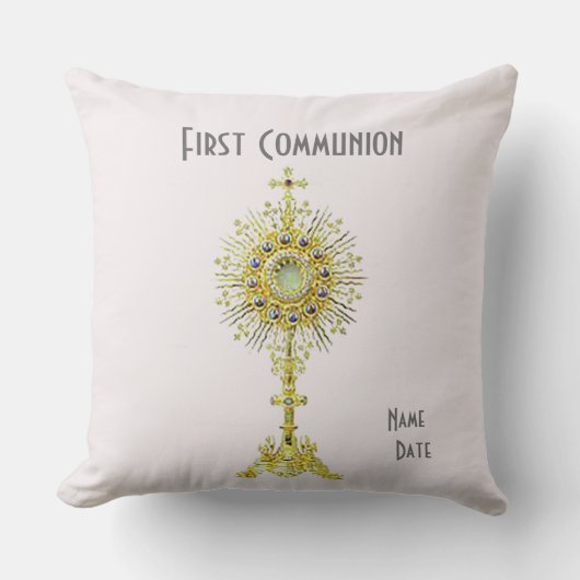 ピンク色の第1コミュニオン装飾用クッション16インチx 16インチ クッション (正面)