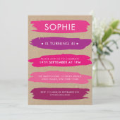 ピンク色の筆跡の影が女の子の4歳の誕生日 招待状 (スタンド正面)