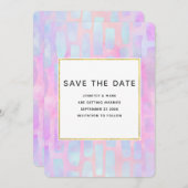 ピンク色の紫と青の四角形結婚図形 セーブザデート (正面/裏面)