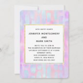 ピンク色の紫と青の四角形結婚図形 招待状 (正面)