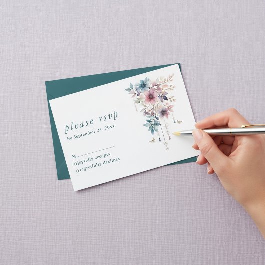 ピンク色の紫と青の花と蝶 出欠カード