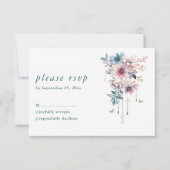 ピンク色の紫と青の花と蝶 出欠カード (正面)