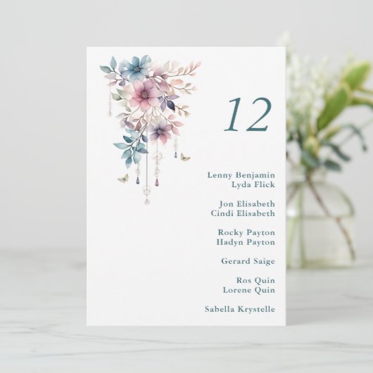 ピンク色の紫と青の花と蝶 招待状 (スタンド正面)