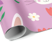 ピンク色の紫のオレンジ色の花が咲く可愛いイースターバニー ラッピングペーパー (ロールコーナー)