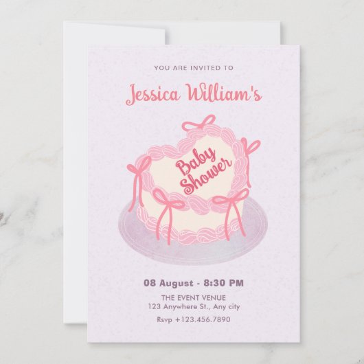 ピンク色の紫のハートケーキのベビーシャワー 招待状 (正面)