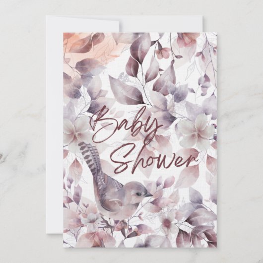 ピンク色の紫のフローラと鳥の赤ちゃんシャワー 招待状 (裏面)
