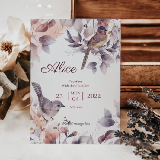 ピンク色の紫のフローラと鳥の赤ちゃんシャワー 招待状