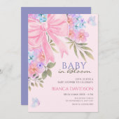 ピンク色の紫のフローラバーブベビーシャワー 招待状 (正面/裏面)