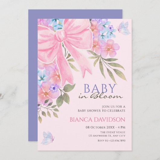 ピンク色の紫のフローラバーブベビーシャワー 招待状 (正面/裏面)