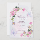 ピンク色の紫のフローラ色の蝶結婚の 招待状 (正面)
