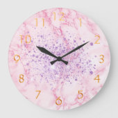 ピンク色の紫の大理石グリッターの輝き ラージ壁時計 (正面)