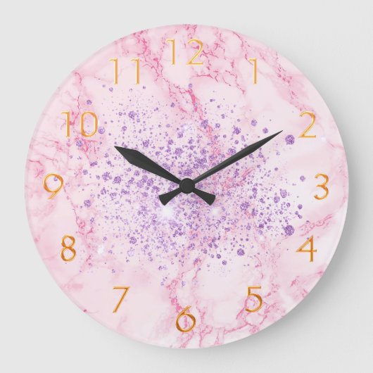 ピンク色の紫の大理石グリッターの輝き ラージ壁時計 (正面)
