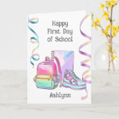 ピンク色の紫の幸せな学校の初日 カード (黄色い花)