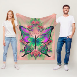 ピンク色の紫の緑の蝶 フリースブランケット