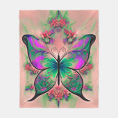 ピンク色の紫の緑の蝶 フリースブランケット (正面)