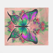 ピンク色の紫の緑の蝶 フリースブランケット (正面(横))