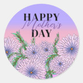 ピンク色の紫の花と葉緑の花の母の日 ラウンドシール (正面)