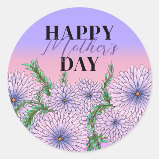 ピンク色の紫の花と葉緑の花の母の日 ラウンドシール (正面)
