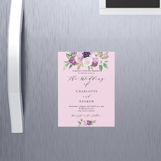 ピンク色の紫の花模様の緑のスクリプト結婚ラグジュアリー マグネット招待状