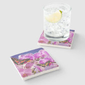 ピンク色の紫の蝶の蘭の花の水色 ストーンコースター (横)