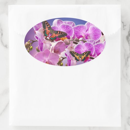 ピンク色の紫の蝶の蘭の花の水色 楕円形シール (バッグ)
