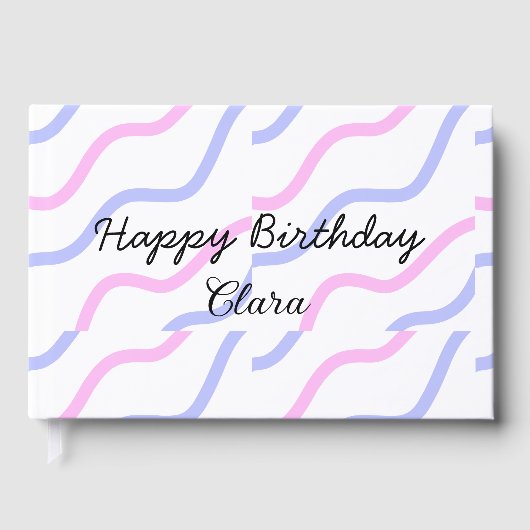 ピンク色の紫ストライプのハッピーバースデー名の追加文字 ゲストブック (正面)