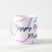 ピンク色の紫ストライプのハッピーバースデー名の追加文字 コーヒーマグカップ (正面左)