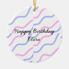 ピンク色の紫ストライプのハッピーバースデー名の追加文字 セラミックオーナメント