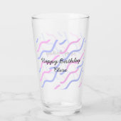 ピンク色の紫ストライプのハッピーバースデー名の追加文字 タンブラーグラス (裏面)
