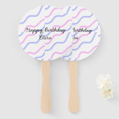 ピンク色の紫ストライプのハッピーバースデー名の追加文字 ハンドファン (正面&裏面)