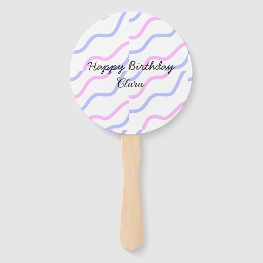 ピンク色の紫ストライプのハッピーバースデー名の追加文字 ハンドファン (正面)