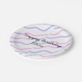 ピンク色の紫ストライプのハッピーバースデー名の追加文字 ペーパープレート (アングル)