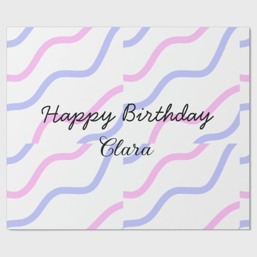 ピンク色の紫ストライプのハッピーバースデー名の追加文字 ラッピングペーパー (フラット)