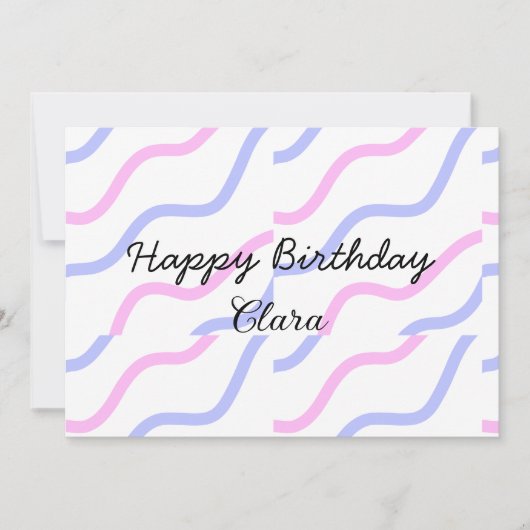 ピンク色の紫ストライプのハッピーバースデー名の追加文字 招待状 (正面)