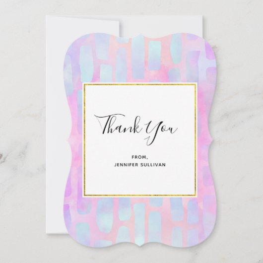 ピンク色の紫色と青色の四角形あり サンキューカード (正面)