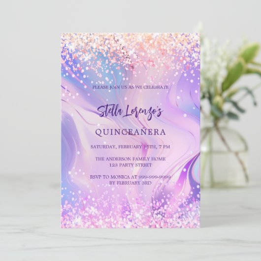 ピンク色の紫色のホログラフィックキンセアニェラ 招待状 (スタンド正面)