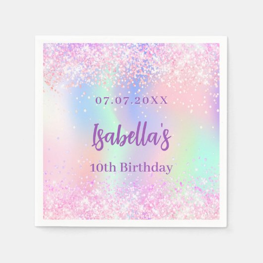 ピンク色の紫色のホログラフィックスパークル誕生日パーティー スタンダードカクテルナプキン (正面)