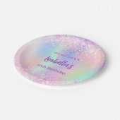 ピンク色の紫色のホログラフィックスパークル誕生日パーティー ペーパープレート (アングル)