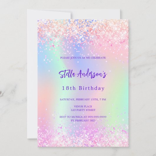 ピンク色の紫色のホログラフィックスパークル18歳の誕生日 招待状 (正面)