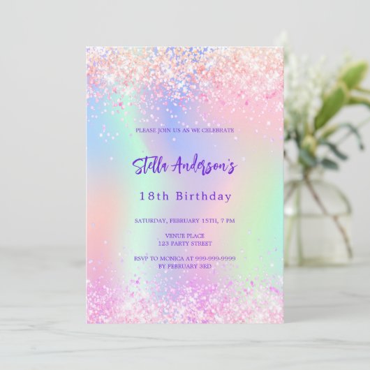 ピンク色の紫色のホログラフィックスパークル18歳の誕生日 招待状 (スタンド正面)