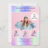 ピンク色の紫色のホログラフィックフォト誕生日 招待状 (正面)
