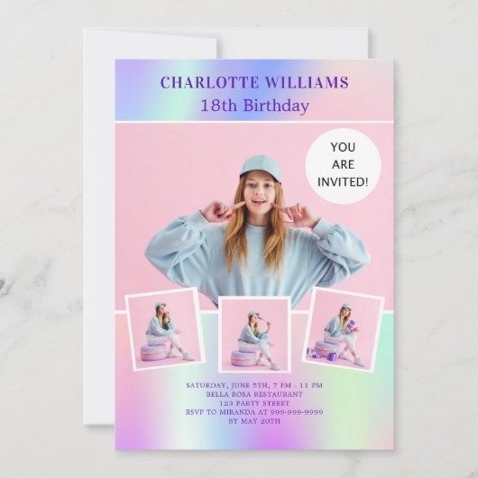 ピンク色の紫色のホログラフィックフォト誕生日 招待状 (正面)