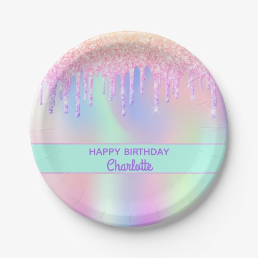 ピンク色の紫色のホログラフィック誕生日パーティー ペーパープレート (正面)