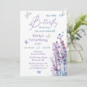 ピンク色の紫色の花蝶の誕生日 招待状 (スタンド正面)