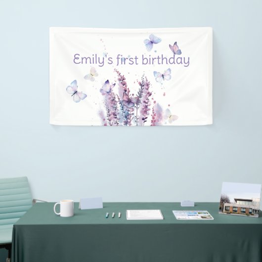 ピンク色の紫色の花蝶の誕生日 横断幕 (トレードショー)