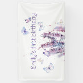 ピンク色の紫色の花蝶の誕生日 横断幕 (縦)