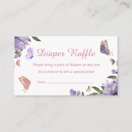ピンク色の紫色の蝶おむつ赤ちゃんシャワー エンクロージャーカード (正面)